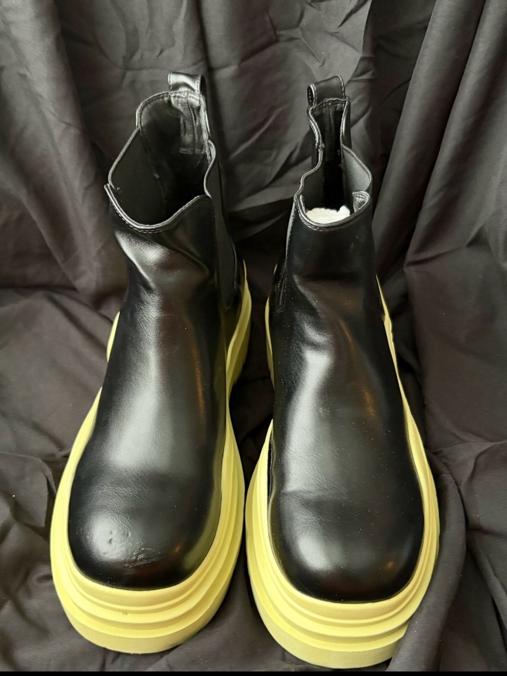 AKIRA Black Leather Chelsea Boots with Yellow/Lime Green Platform Sole